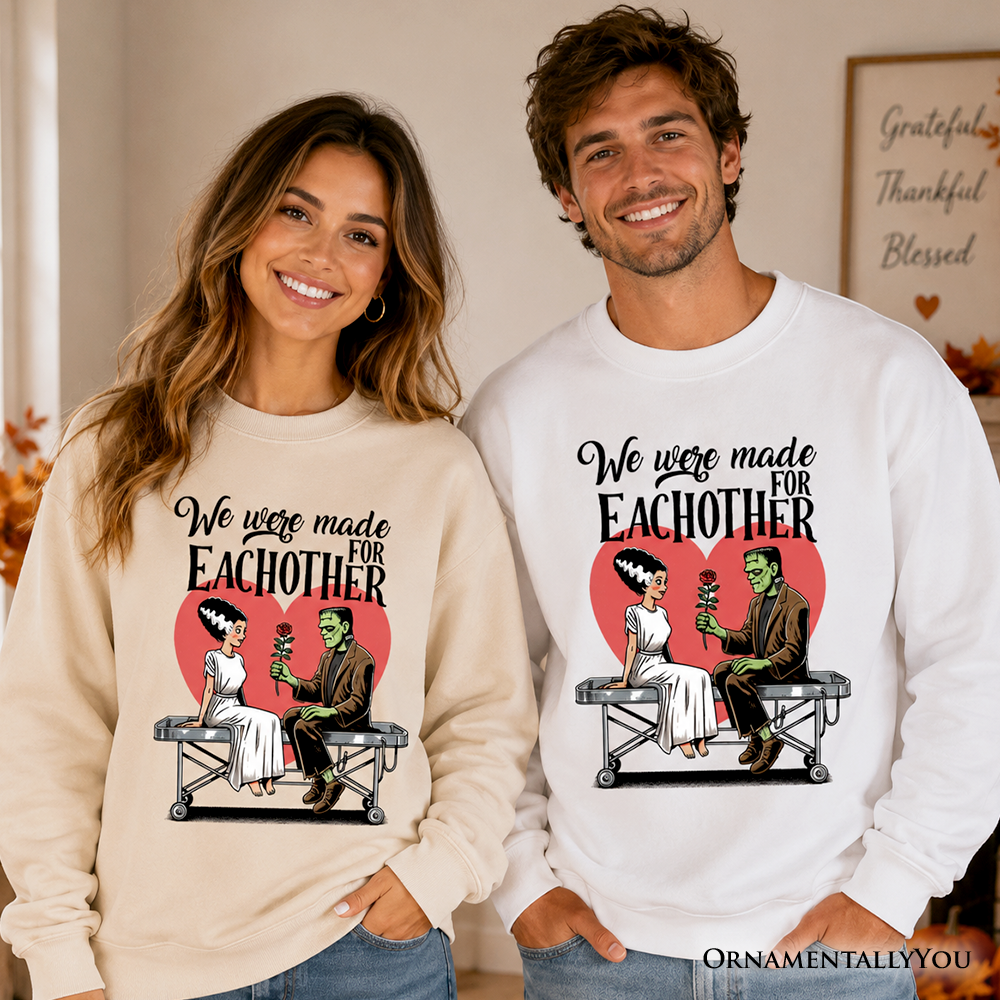 Romantic Frankenstein and Bride sweatshirt by OrnamentallyYou, featuring spooky couple design on cozy ash-colored sweatshirt.