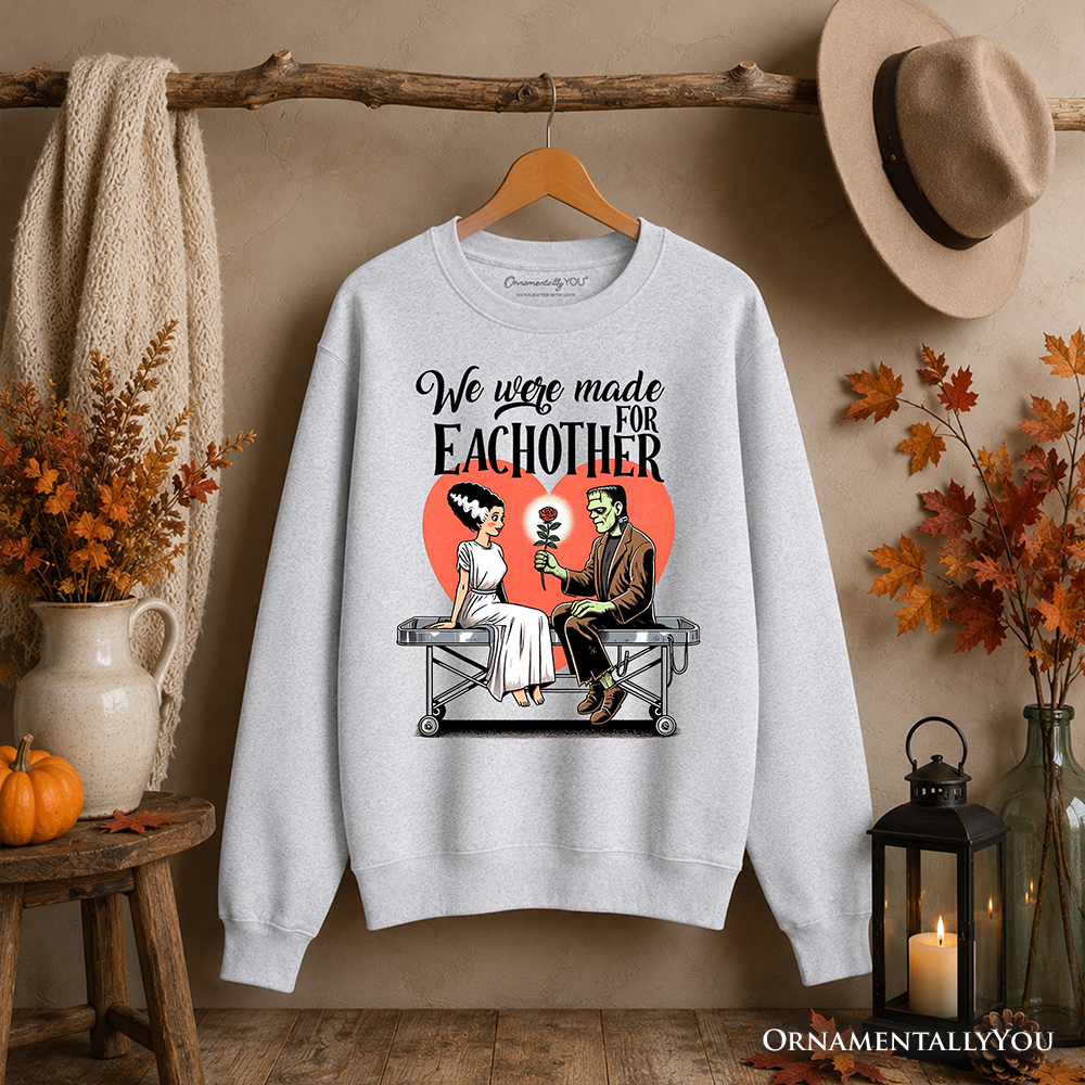 Romantic Frankenstein and Bride sweatshirt for couples by OrnamentallyYou, featuring spooky Halloween-themed design.