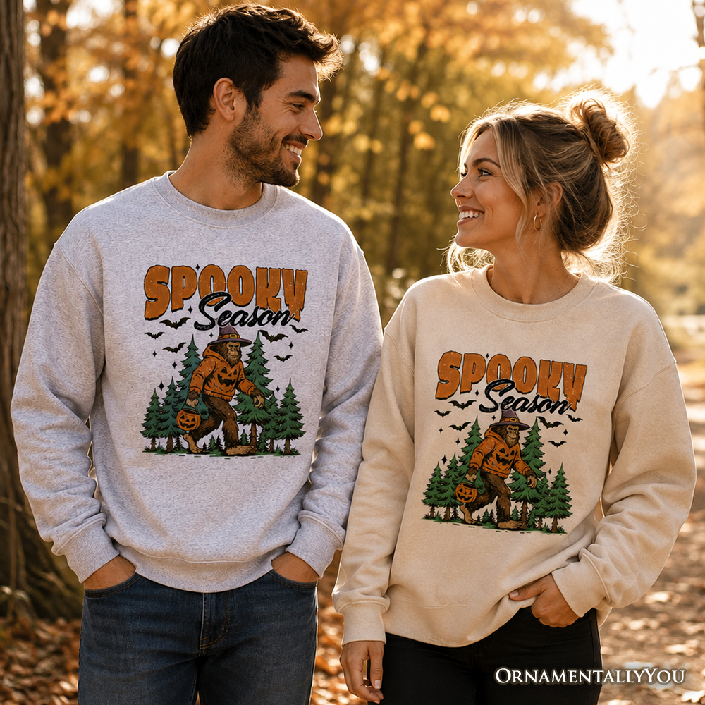Spooky Season Bigfoot Halloween sweatshirt with Sasquatch and pumpkin graphic, cozy Halloween Sasquatch sweater from OrnamentallyYou