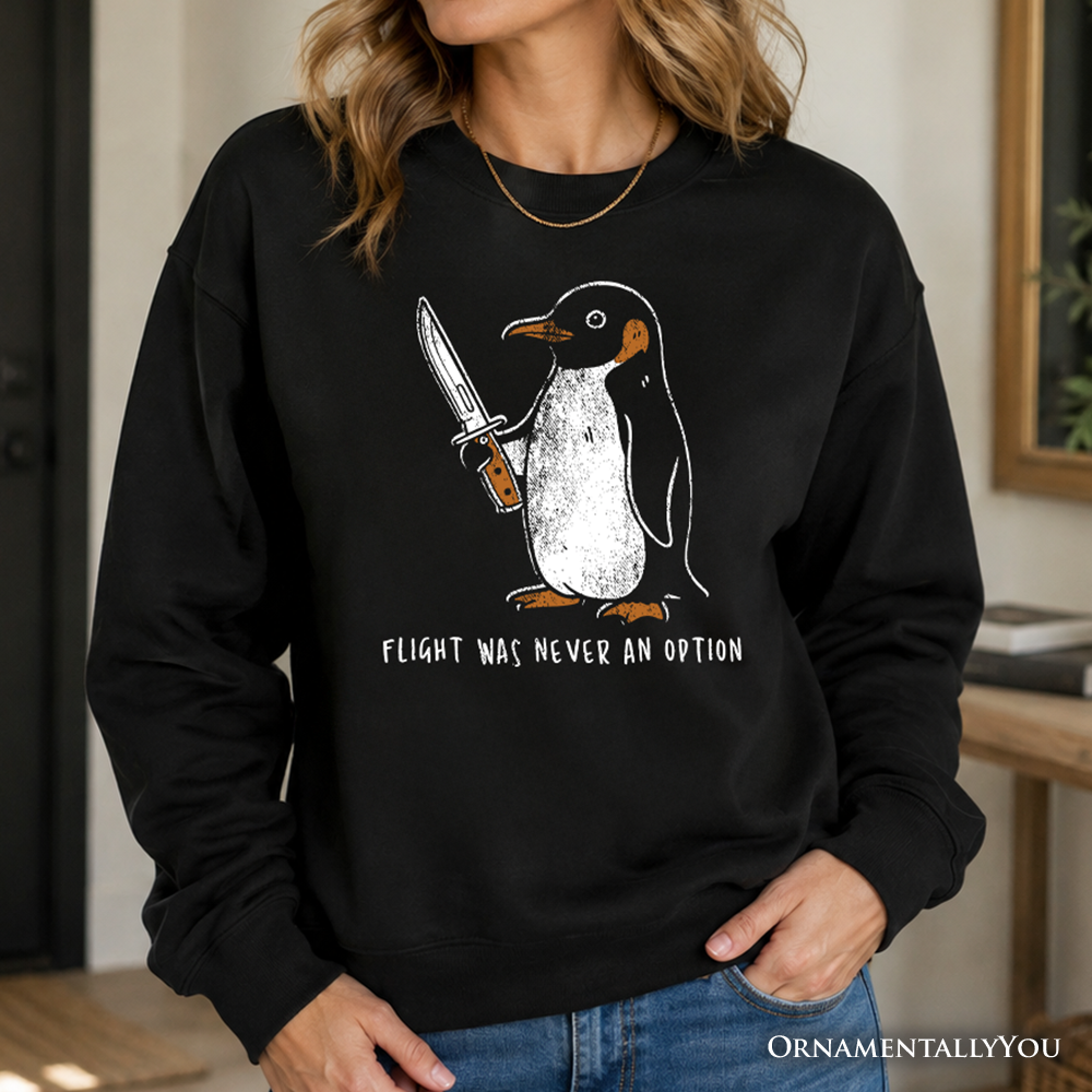 Black Penguin Sweatshirt by OrnamentallyYou with humorous dark humor knife graphic, casual crewneck sweater for fans of funny dark humor.