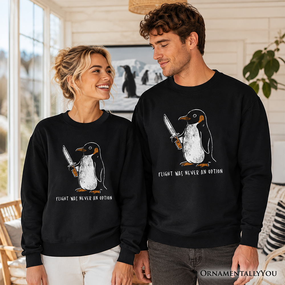 Black Penguin Sweatshirt by OrnamentallyYou with dark humor knife graphic, featuring humorous text "Flight Was Never an Option."