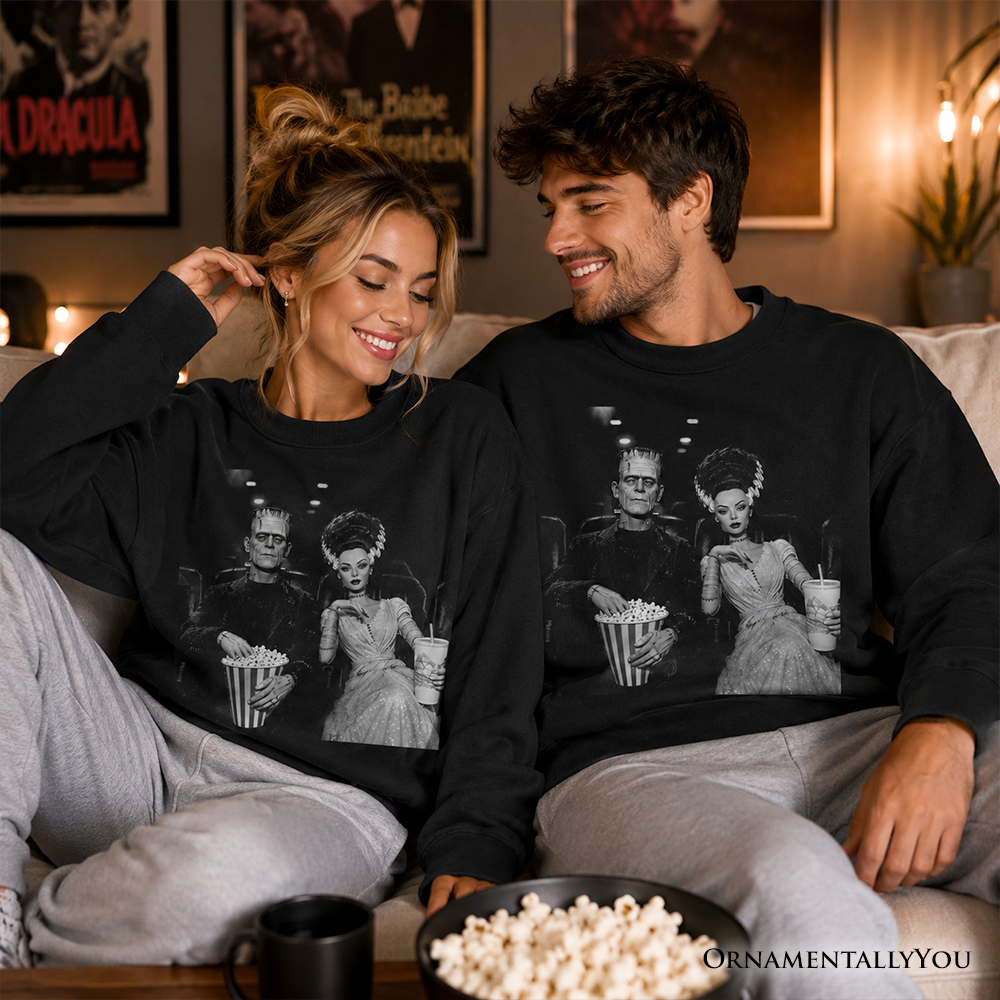 Black Frankenstein movie date night sweatshirt by OrnamentallyYou featuring vintage horror couple cinema design on cozy sweatshirt.