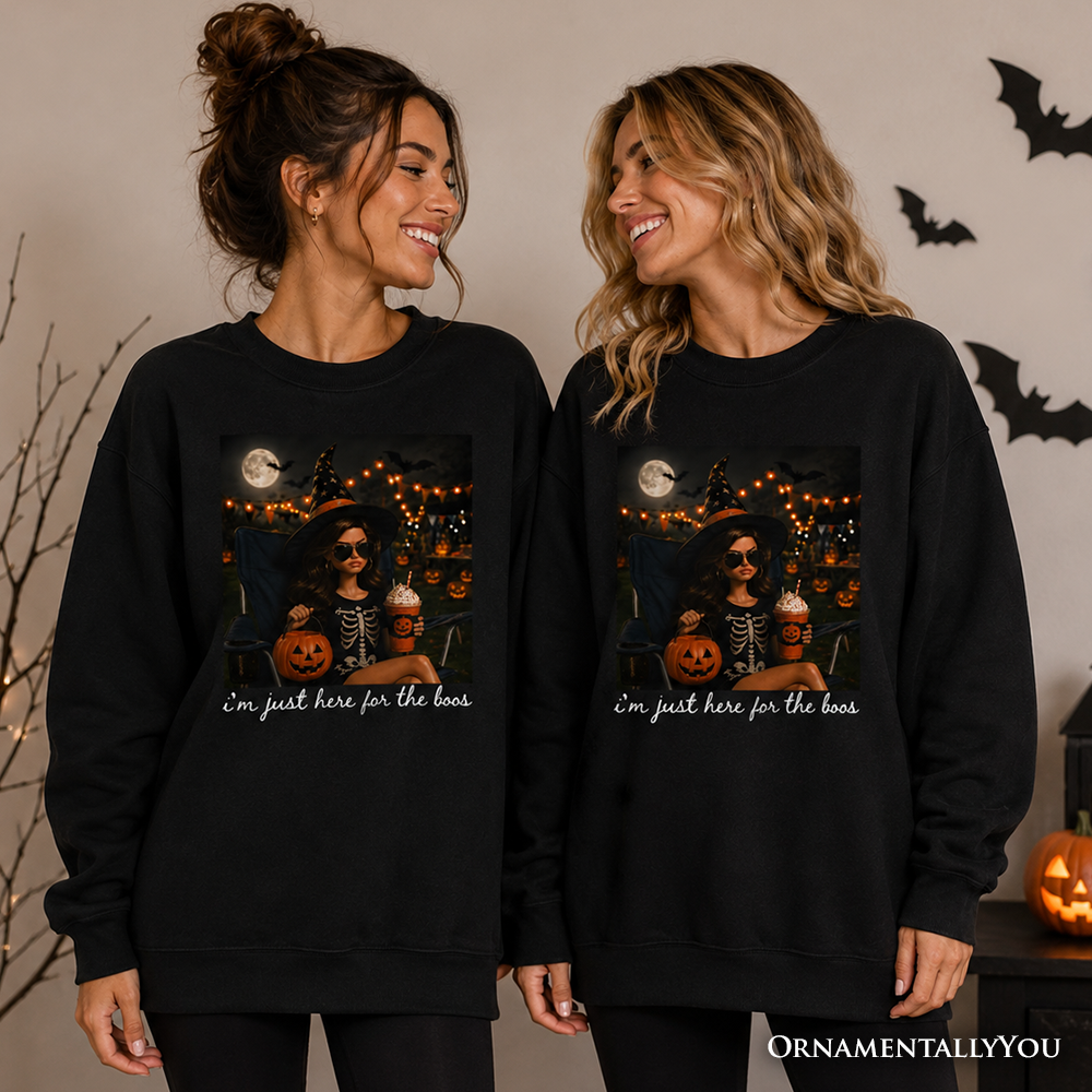 Black I'm Just Here for the Boos Witch sweatshirt by OrnamentallyYou featuring fun Halloween party graphic on cozy sweatshirt fabric.