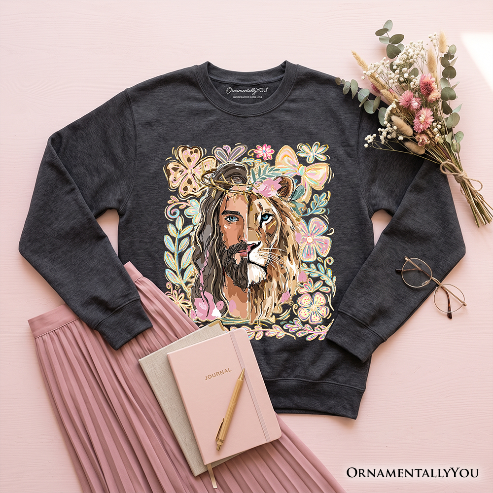 Black Lion of Judah Christian sweatshirt with floral Jesus design, featuring religious faith imagery and comfortable sweater style.