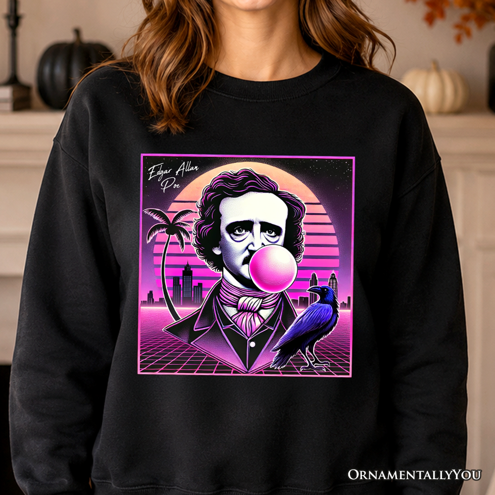 Black Synthwave Edgar Allan Poe horror sweatshirt by OrnamentallyYou featuring neon retro 80s Vaperwave style and Halloween design.