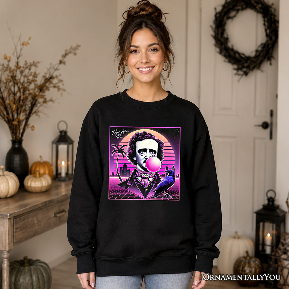 Black Synthwave 80's Edgar Allan Poe horror sweatshirt by OrnamentallyYou featuring retro neon Halloween and vaporwave design.
