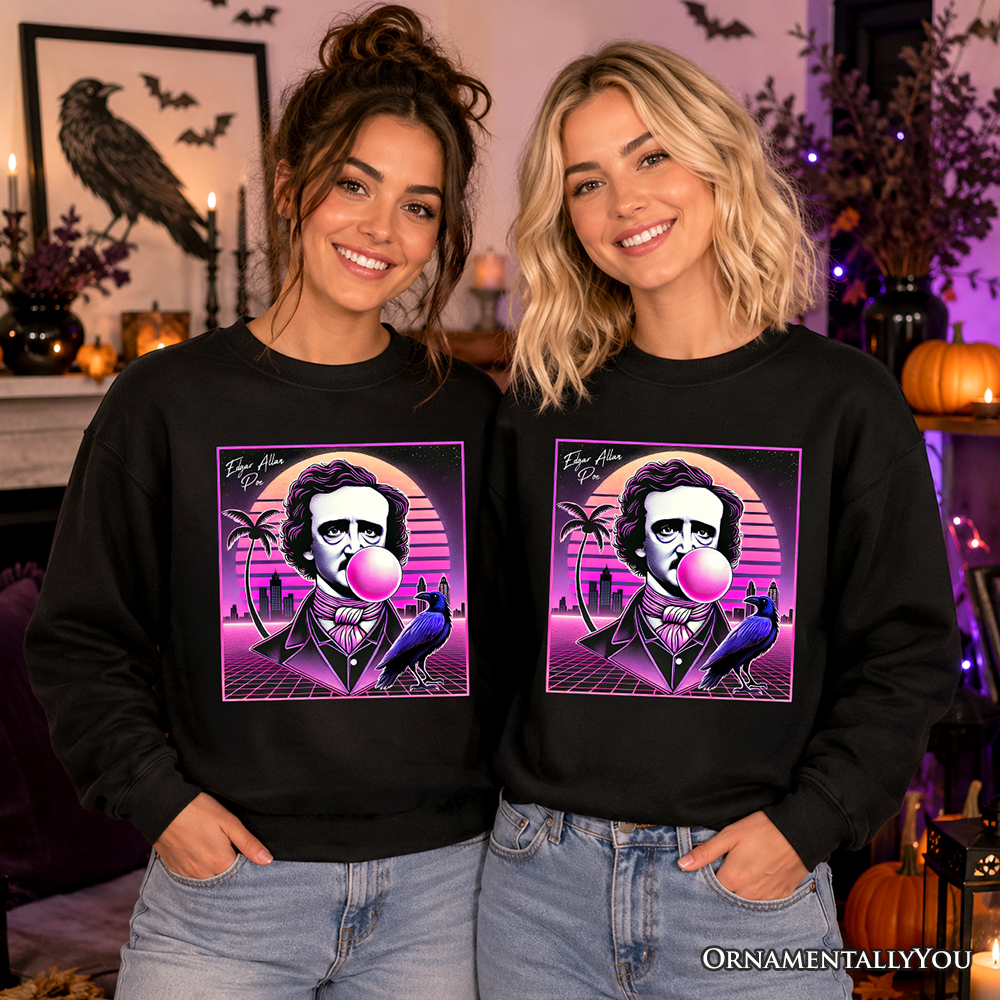 Black Synthwave 80s Edgar Allan Poe horror sweatshirt featuring neon Vaperwave retro Halloween design, from OrnamentallyYou.