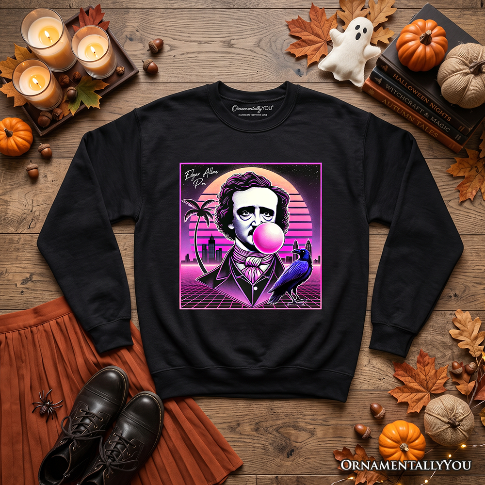 Black Synthwave 80s Edgar Allan Poe horror sweatshirt featuring neon Vaperwave retro Halloween design with spooky imagery.
