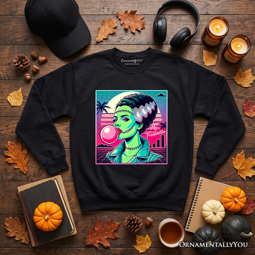 Black Vaperwave Mrs Frankenstein retro neon horror sweatshirt with synthwave 80s style Halloween design, from OrnamentallyYou.
