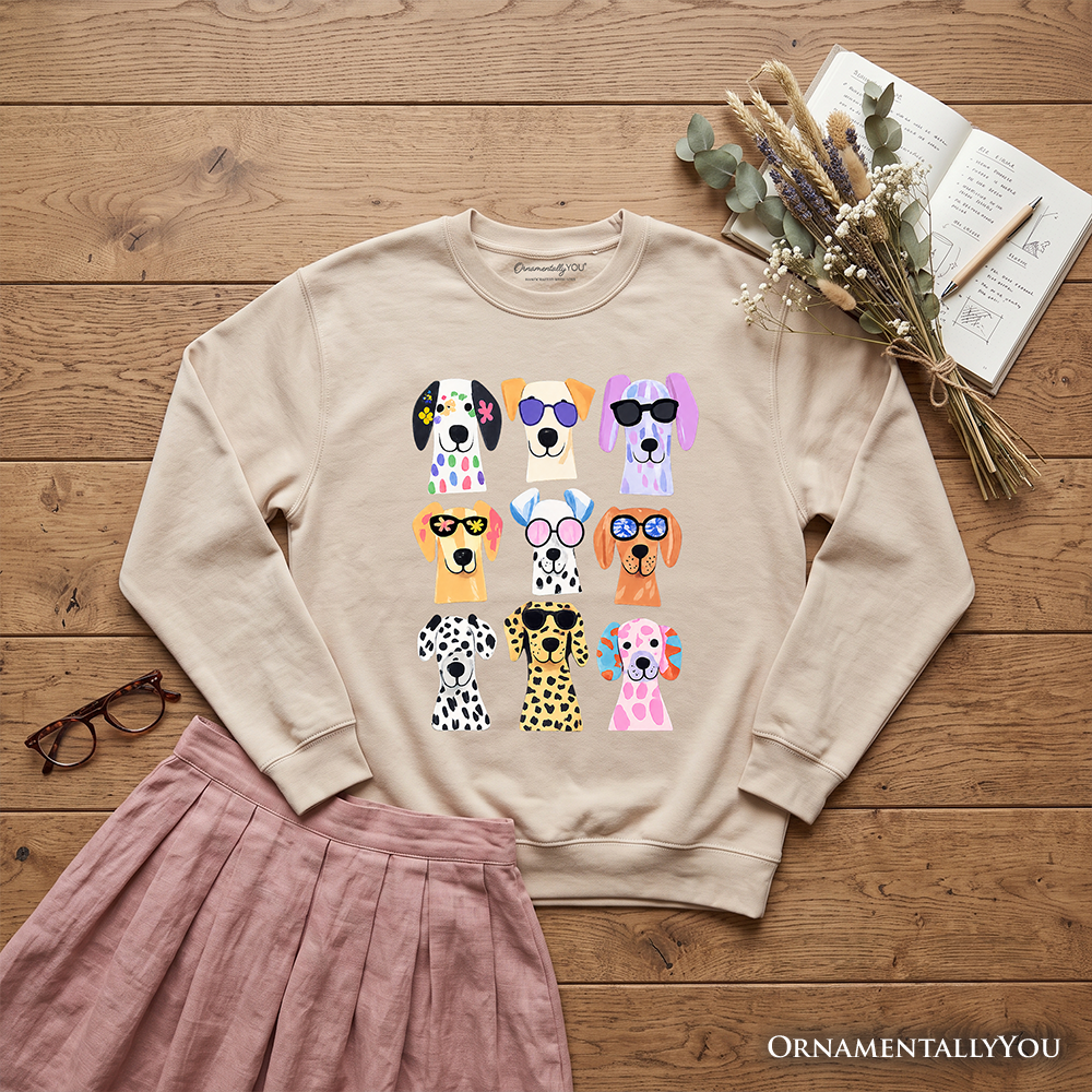 Colorful Dogs sweatshirt by OrnamentallyYou featuring vibrant dog breed illustrations on a summer sweater in Carolina blue.