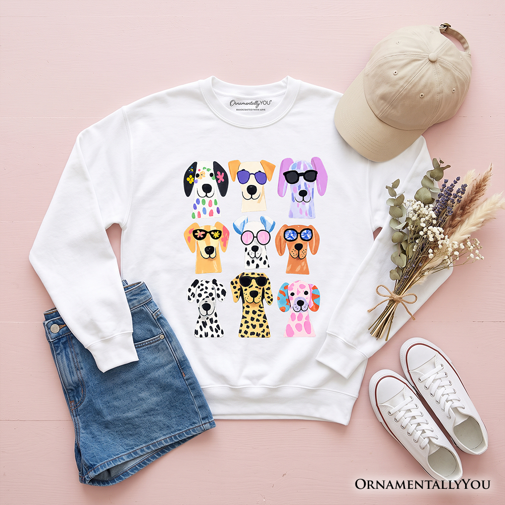 Colorful Dogs sweatshirt by OrnamentallyYou featuring vibrant dog breed illustrations on a Carolina blue background.