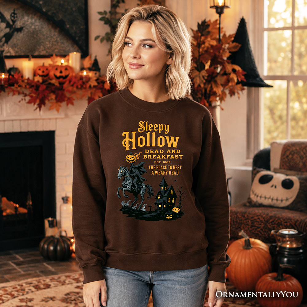 Dark chocolate vintage sweatshirt featuring the Headless Horseman from Sleepy Hollow, a Halloween-themed retro sweater by OrnamentallyYou.