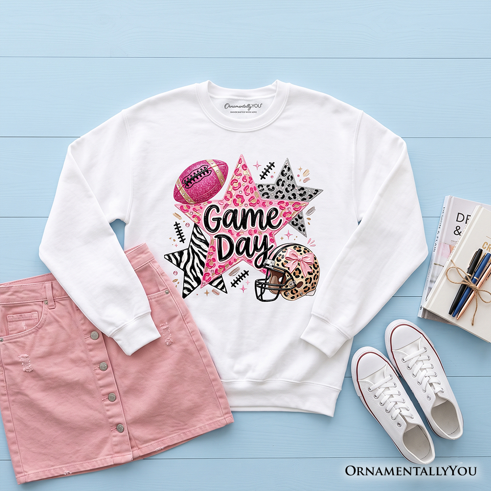 Light pink Leopard Pink Stars football sweatshirt by OrnamentallyYou, featuring a cozy Coquette Game Day sweater design.