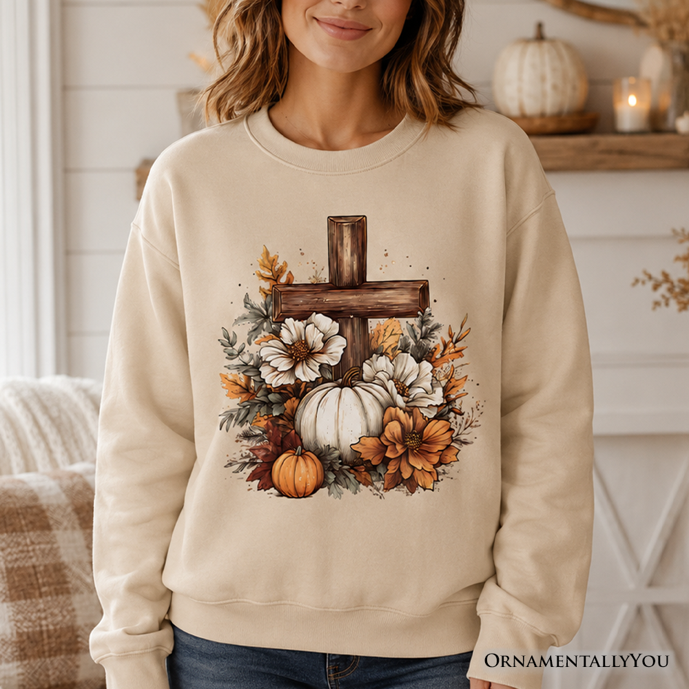 Christian Floral Pumpkin Cross sweatshirt by OrnamentallyYou featuring boho fall design and religious fall sweater style.