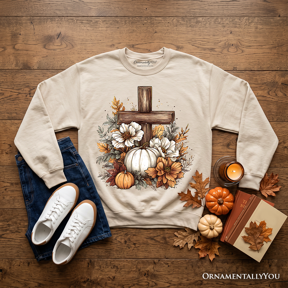 Christian Floral Pumpkin Cross sweatshirt by OrnamentallyYou featuring boho fall design and religious fall-themed sweater.