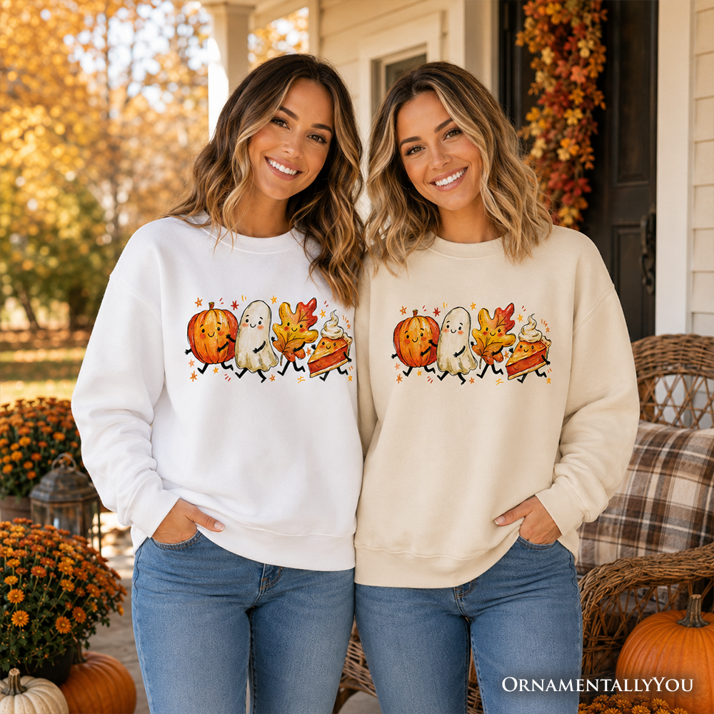 Cute fall characters sweatshirt by OrnamentallyYou featuring pumpkin, ghost, leaf, and pie designs on an autumn sweater.
