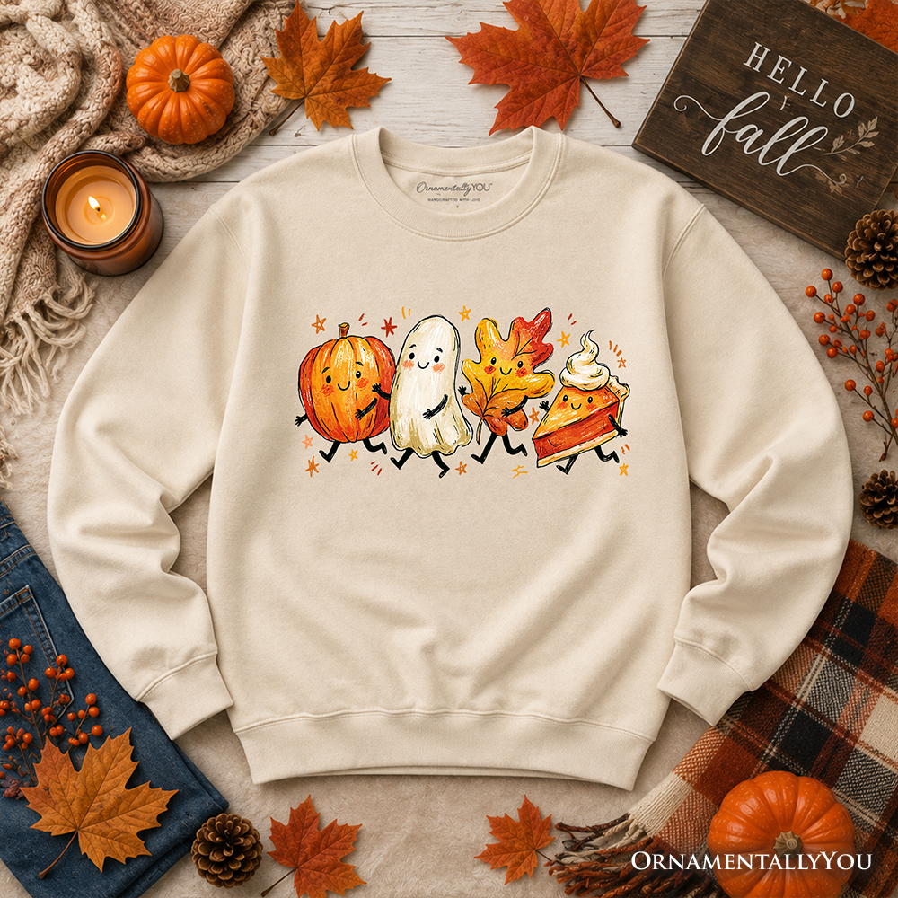 Cute fall characters sweatshirt by OrnamentallyYou featuring pumpkin, ghost, leaf, and pie designs for autumn style.