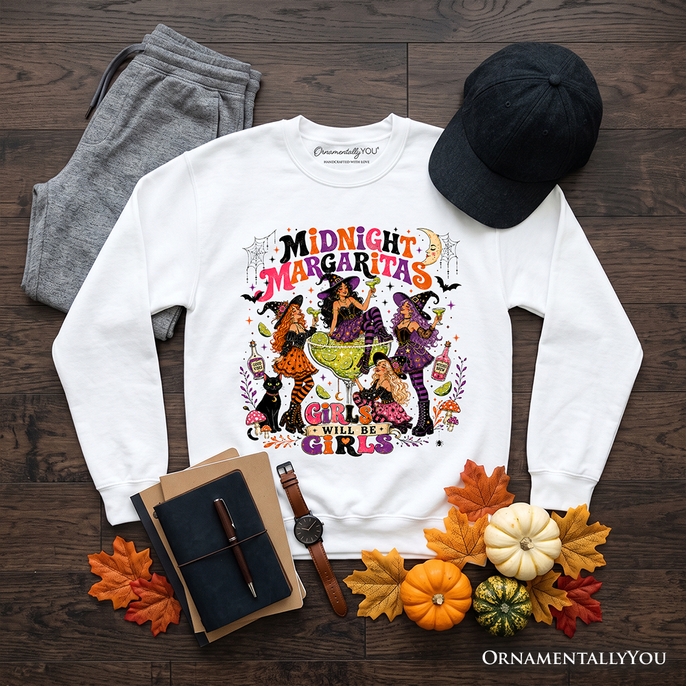 Colorful Midnight Margaritas Retro Halloween sweatshirt by OrnamentallyYou featuring witch and cocktail design for girls' night.