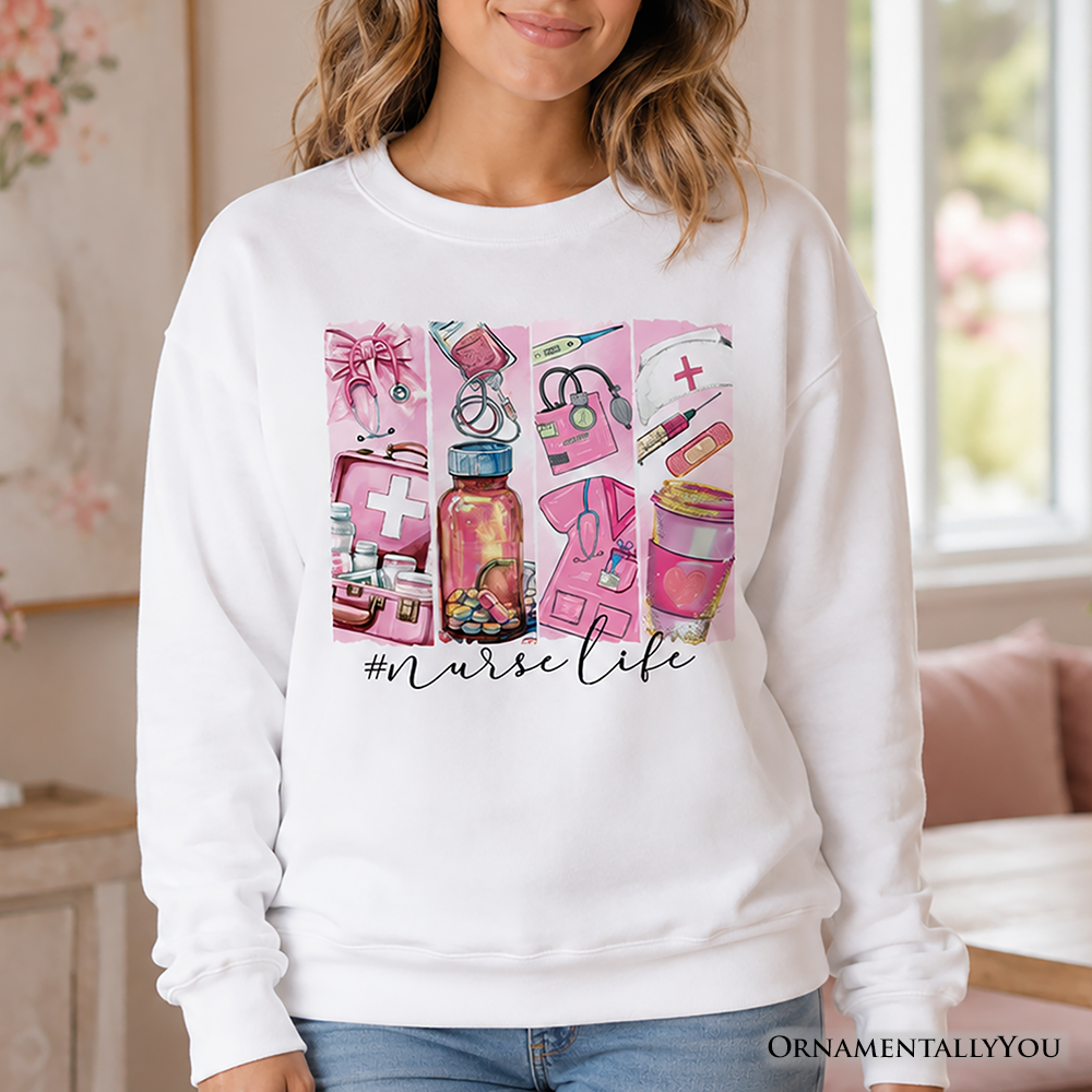 Nurse Life sweatshirt by OrnamentallyYou featuring medical essentials design, cozy sweater for coquette nurses in sand color.