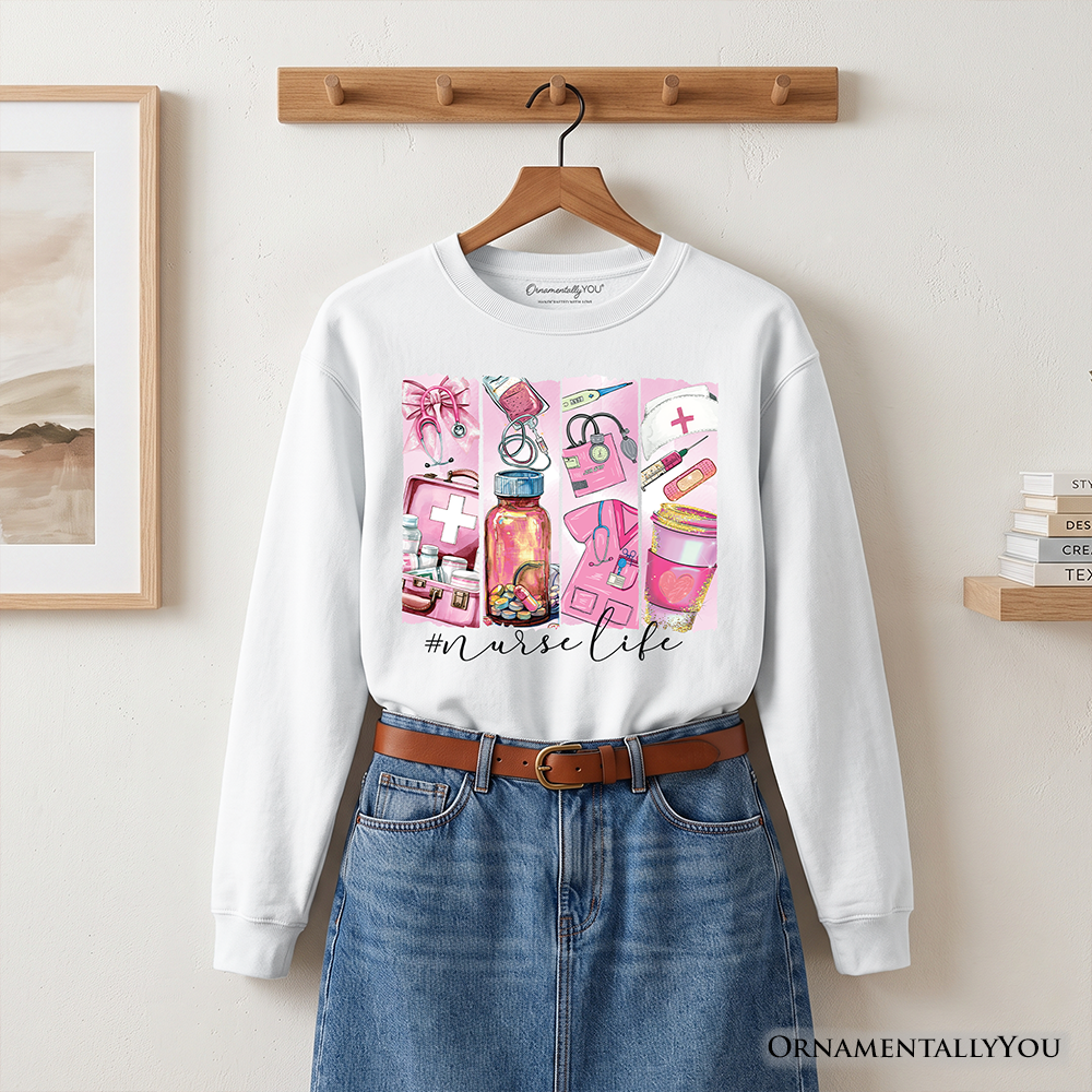 Sand-colored Nurse Life sweatshirt by OrnamentallyYou featuring medical essentials design for coquette nurses.
