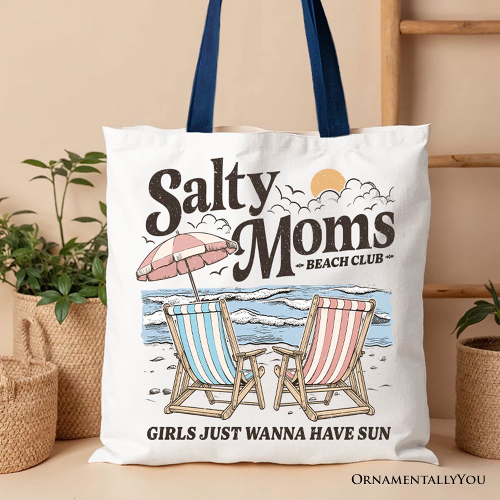 Beige Salty Moms Beach Club canvas tote bag with retro summer design, perfect for ocean-loving mothers.