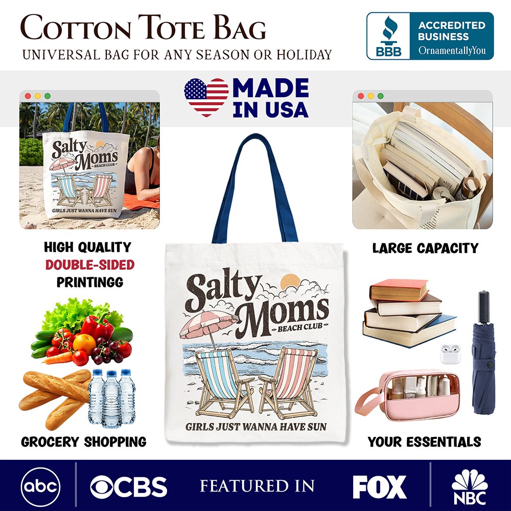Beige Salty Moms Beach Club canvas tote bag by OrnamentallyYou, featuring a retro summer design for ocean-loving mothers.