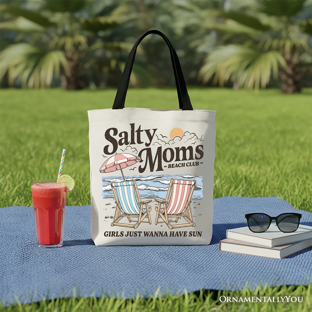 Beige Salty Moms Beach Club canvas tote bag with retro summer design, perfect for ocean-loving mothers.