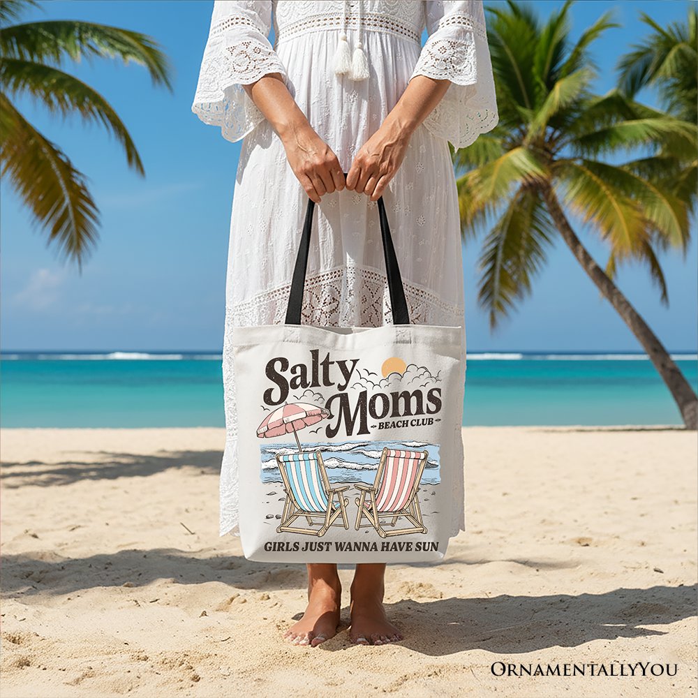 Beige Salty Moms Beach Club canvas tote bag featuring retro summer design, perfect for ocean-loving mothers.
