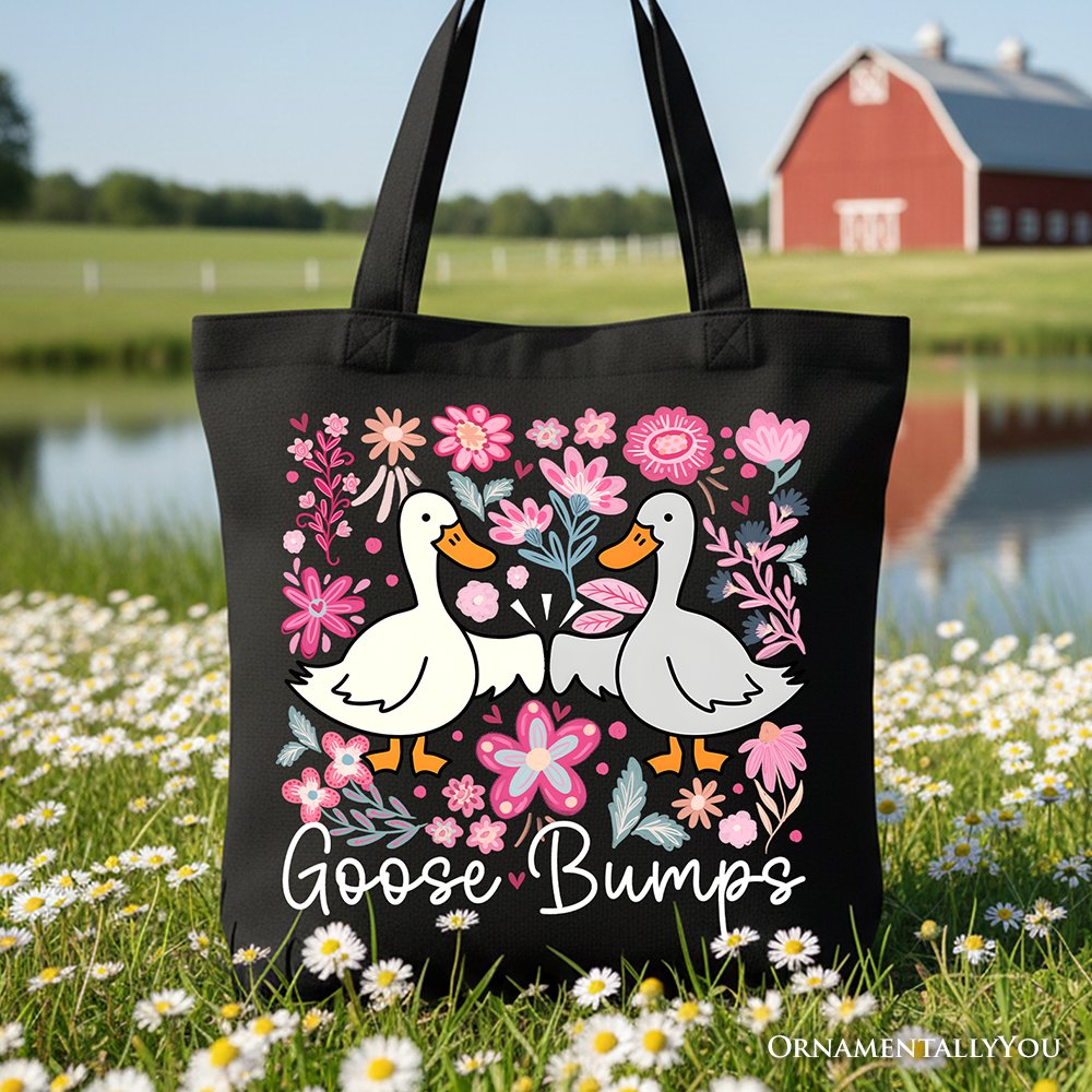 Black canvas tote bag with humorous goose and floral design, perfect for casual shopping or gifting from OrnamentallyYou.