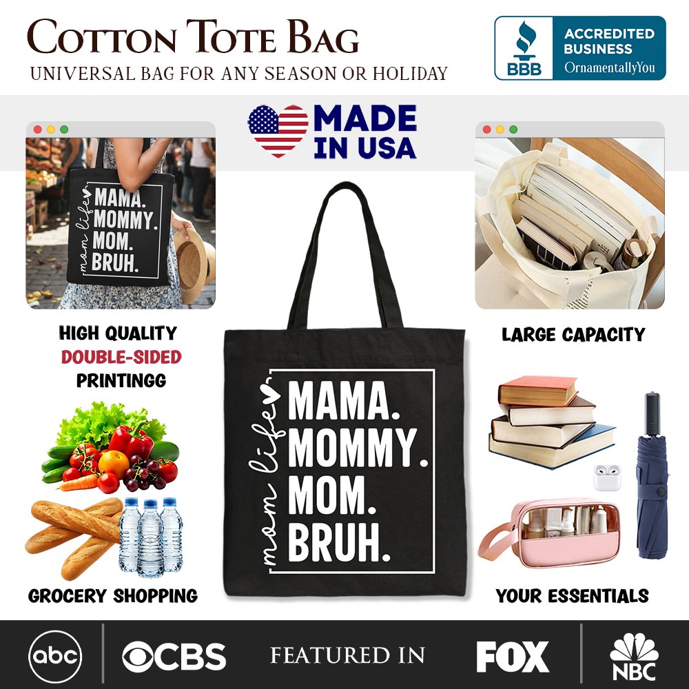 Black canvas tote bag with humorous "Mom's Life" design, stylish minimalist shopper for fashionable mothers.