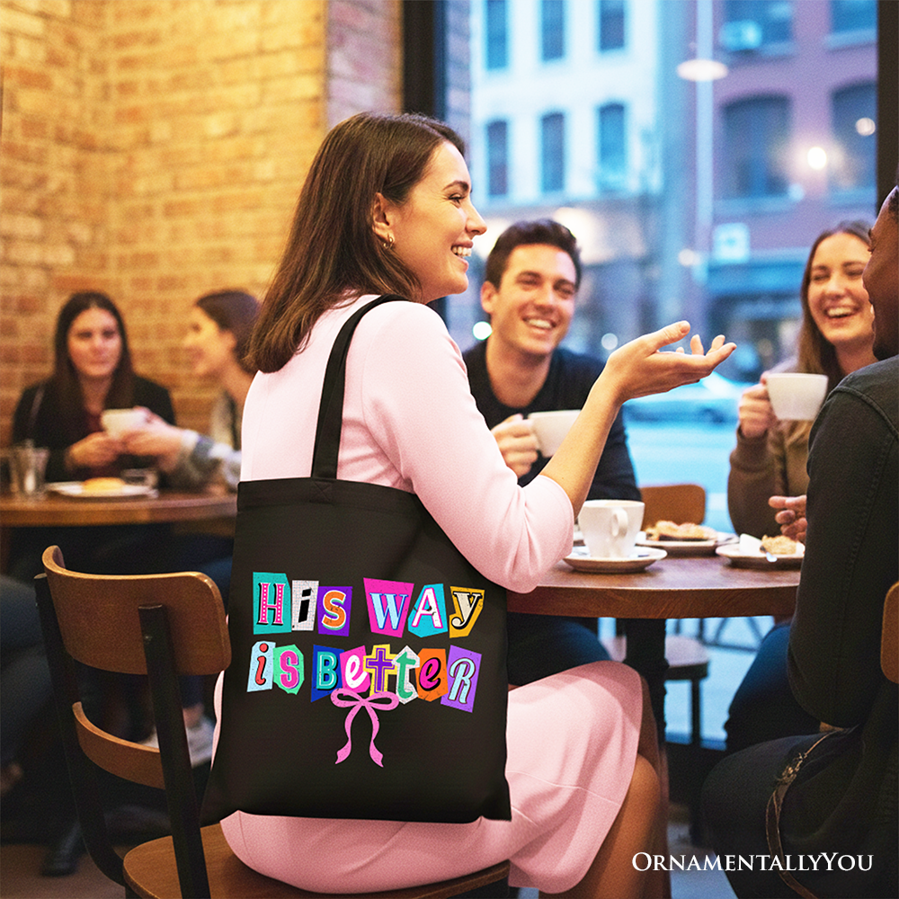 Black Christian canvas tote bag with "His Way Is Better" slogan, featuring a retro preppy coquette design, ideal for faith gifts.