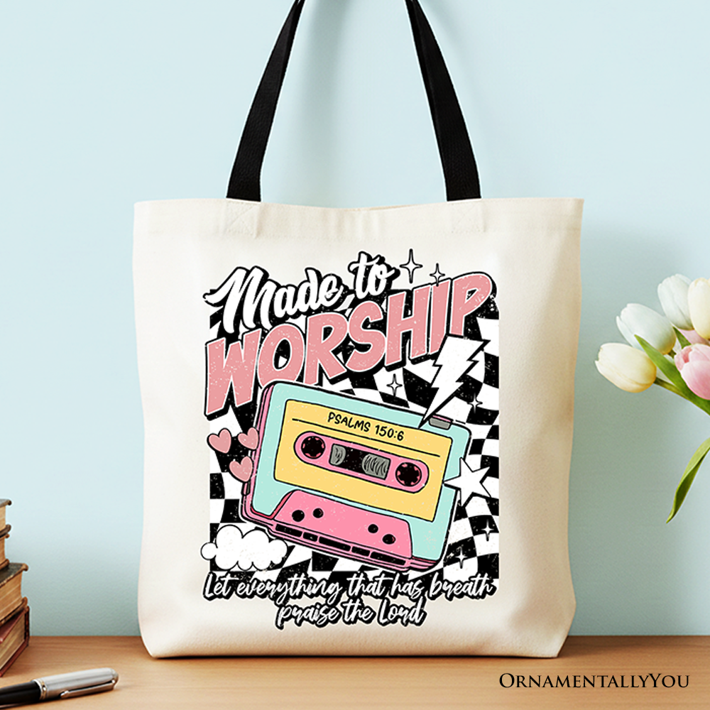Black Christian retro tote bag with Psalm 150:6 Bible verse design, made by OrnamentallyYou, perfect for worship and gift-giving.