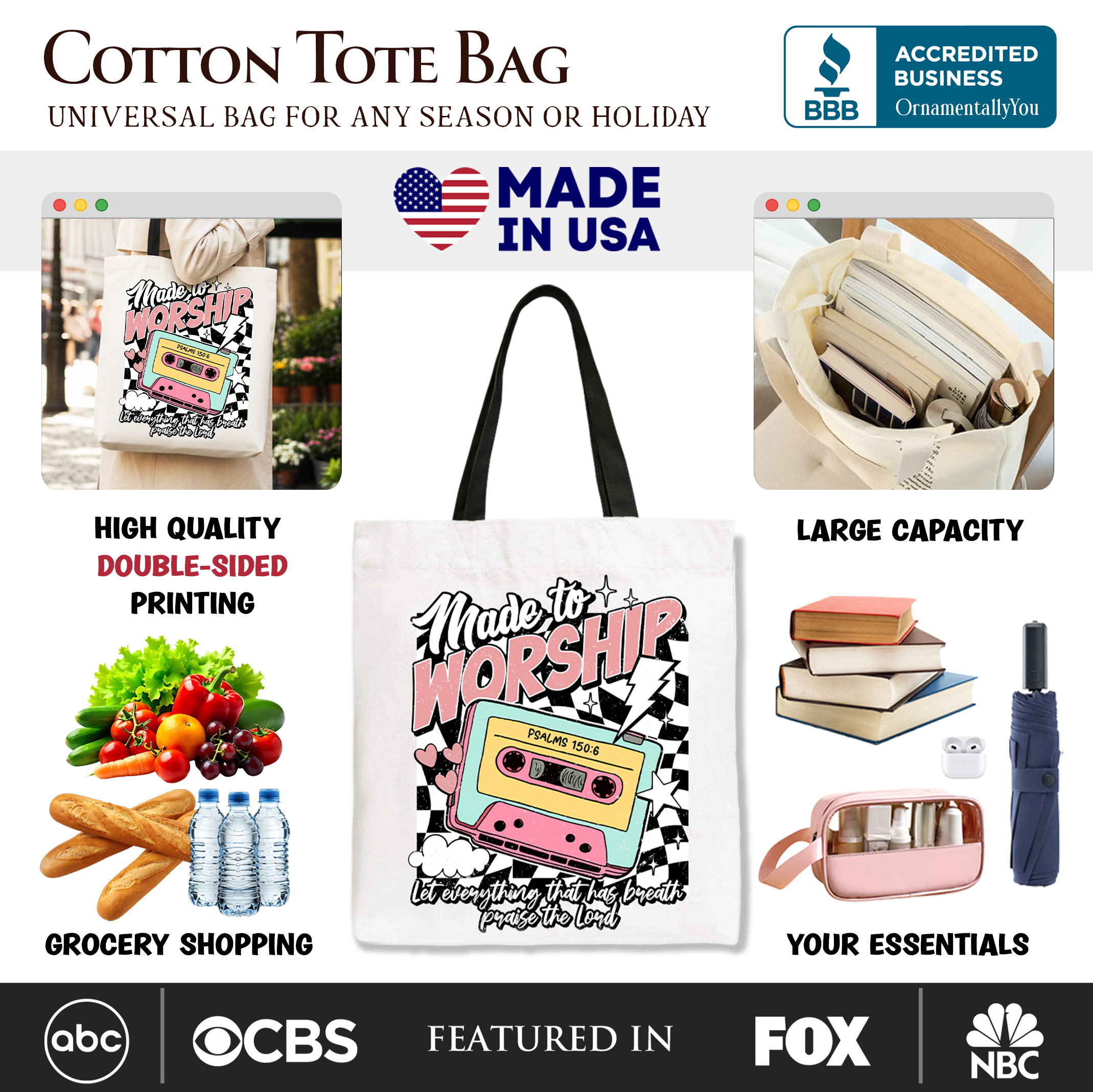 Black Christian tote bag with "Made to Worship" and Psalm 150:6 Bible verse, featuring retro design and durable handles.