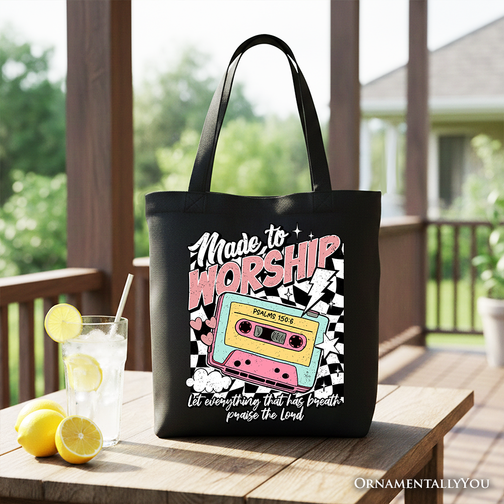 Black Christian tote bag with "Made to Worship" and Psalm 150:6 Bible verse, featuring retro design and durable handles.