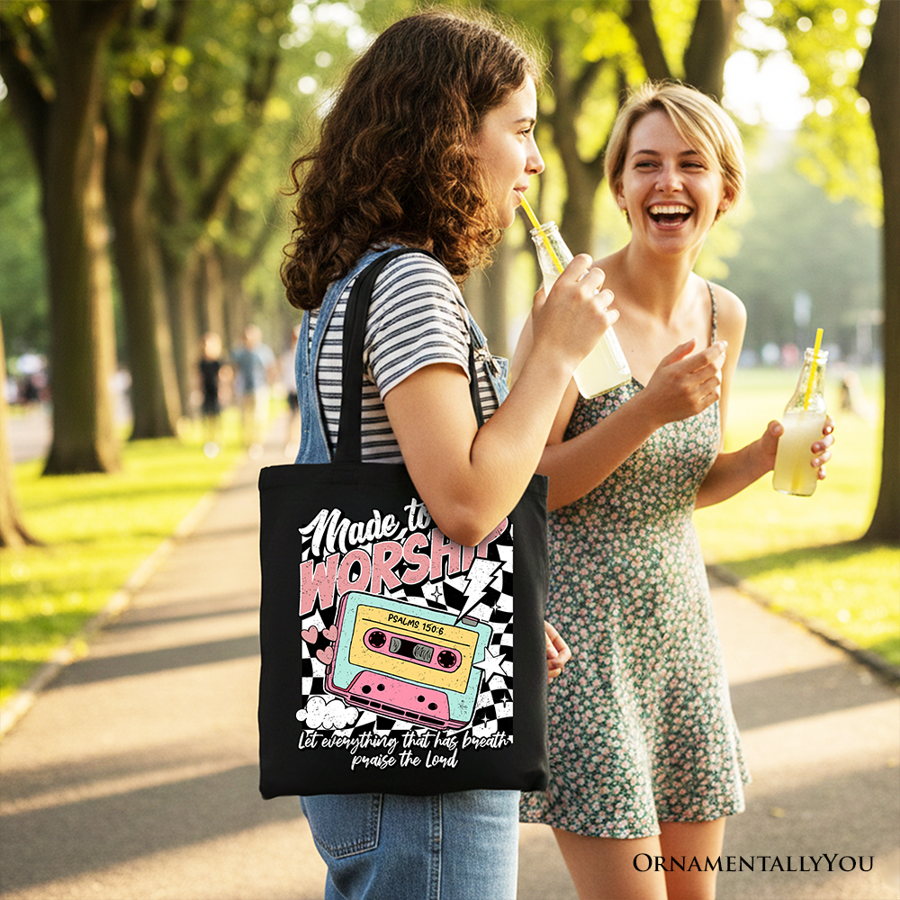 Black Christian retro tote bag featuring Psalm 150:6 Bible verse design, ideal for religious gifts or daily shopper use.