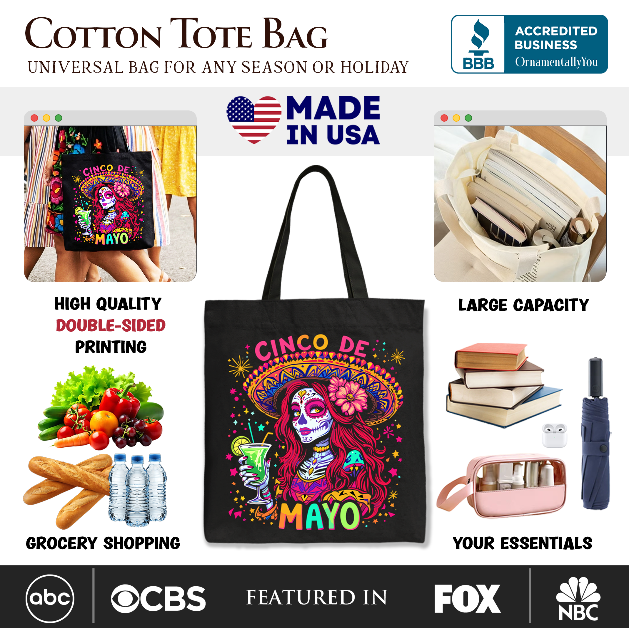 Black tote bag featuring a sugar skull girl design with Mexican margarita and sombrero motifs, perfect for Cinco de Mayo celebrations.