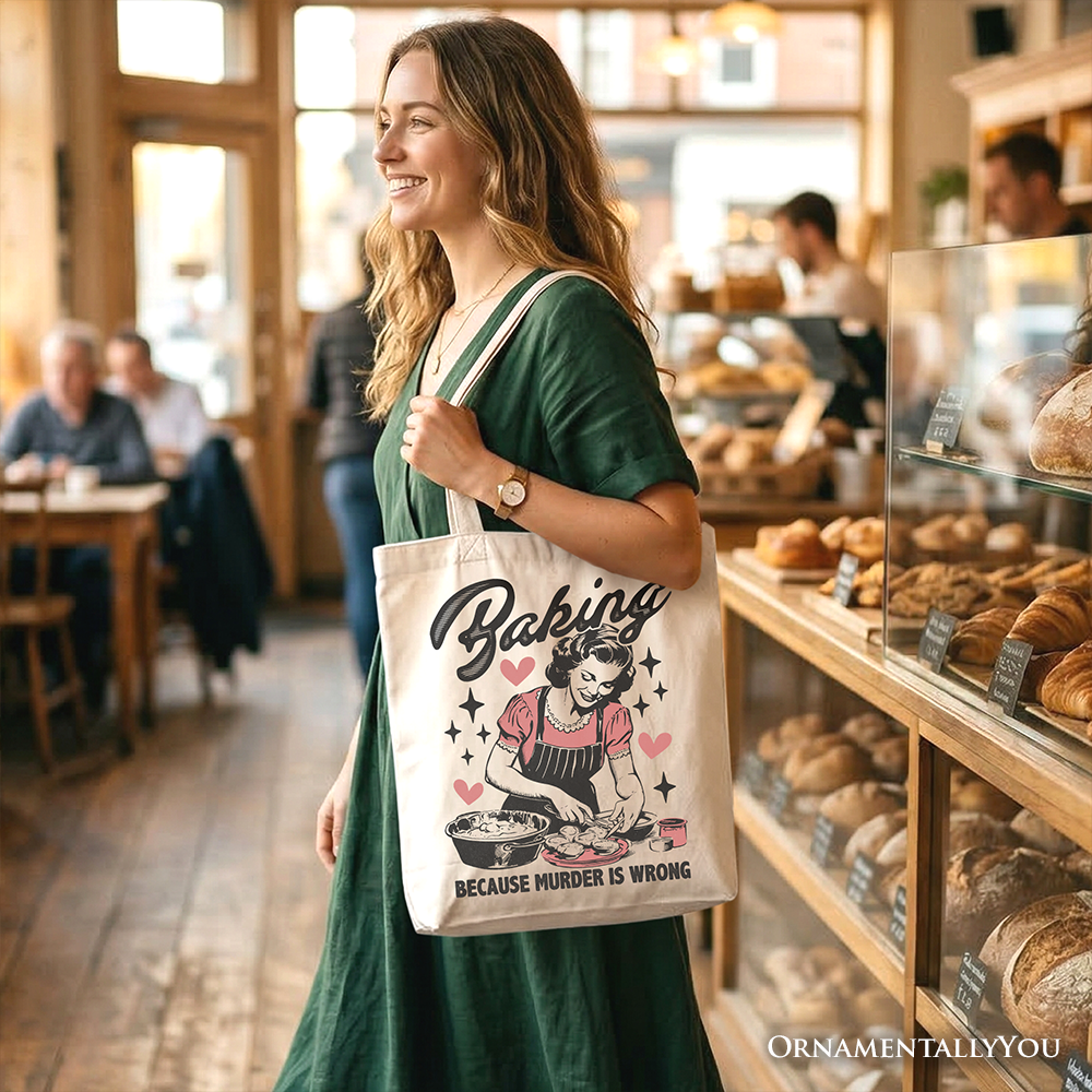 White tote bag with humorous "Baking Because Murder Is Wrong" design, perfect for retro kitchen gift or shopping.