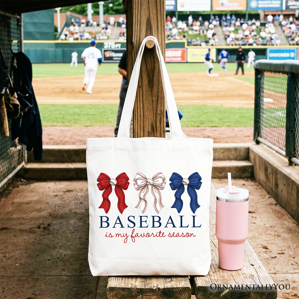 White tote bag with baseball-themed design and coquette bow, perfect for game day and casual outings.