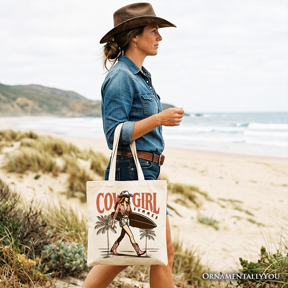 White cowgirl summer surf tote bag by OrnamentallyYou with retro western design, perfect for beach and free-spirited women.