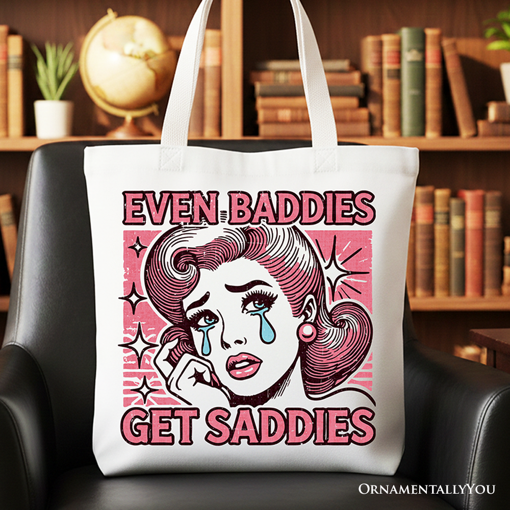 White tote bag featuring retro crying girl pop art design, stylish and emotional women’s tote bag by OrnamentallyYou.
