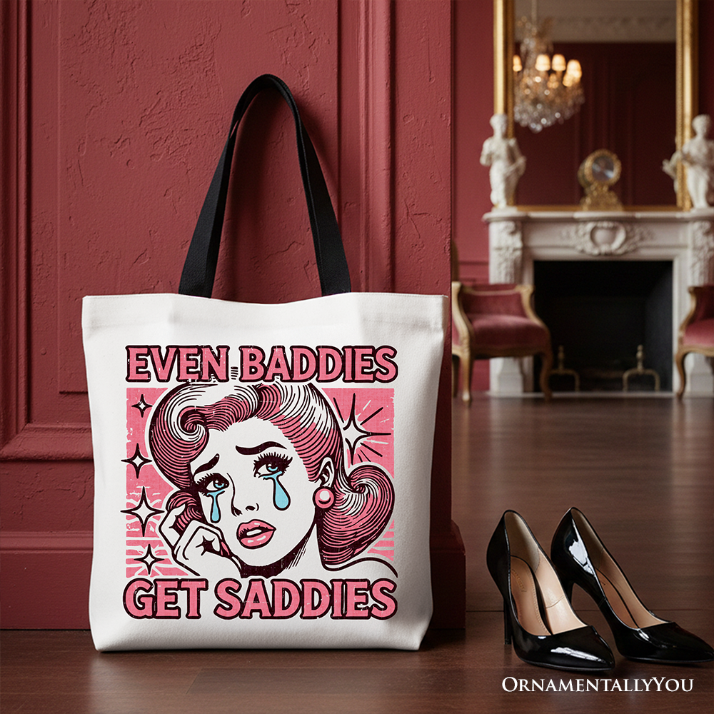 White tote bag featuring retro crying girl pop art design, stylish and emotional accessory for women by OrnamentallyYou.