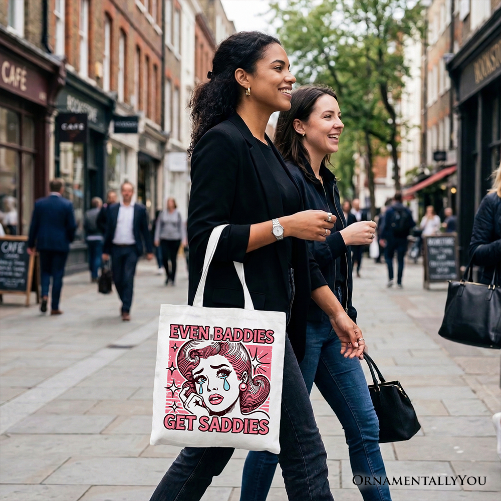 White tote bag featuring retro crying girl pop art design, perfect for stylish and emotional women.