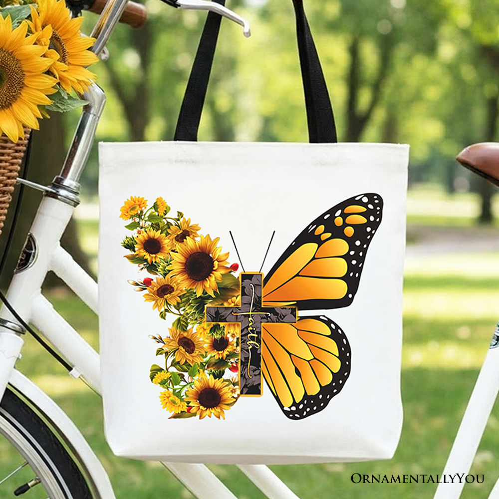 White Christian tote bag featuring a faith cross, butterfly, sunflower floral design, perfect for gift shopping by OrnamentallyYou.