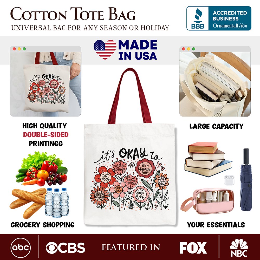 White canvas tote bag with floral "It's Okay" affirmation slogan, boho style, by OrnamentallyYou.