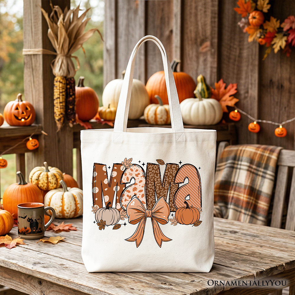 OrnamentallyYou Mama Coquette autumn tote bag with cozy fall pumpkin design, perfect for mothers, in white fabric.