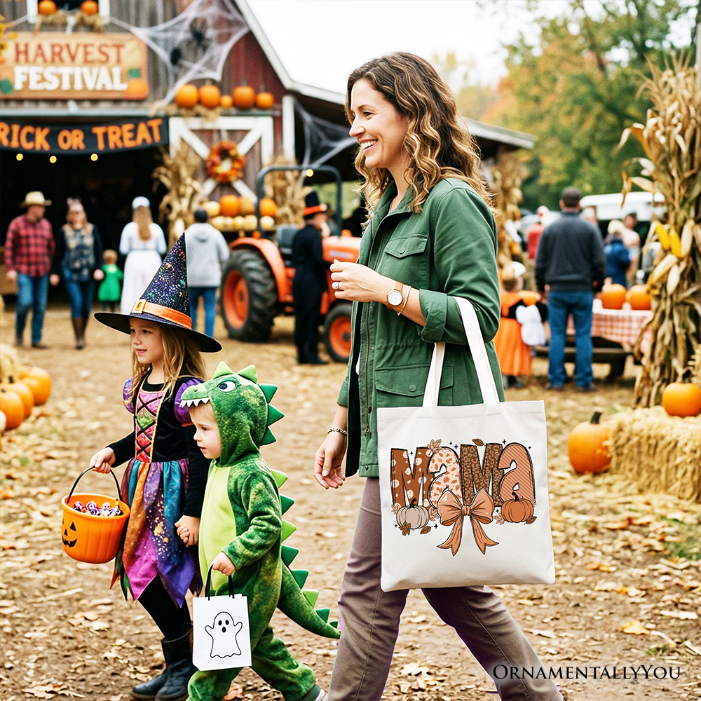 Mama Coquette autumn tote bag by OrnamentallyYou featuring cozy fall pumpkins, perfect for mothers and seasonal style.