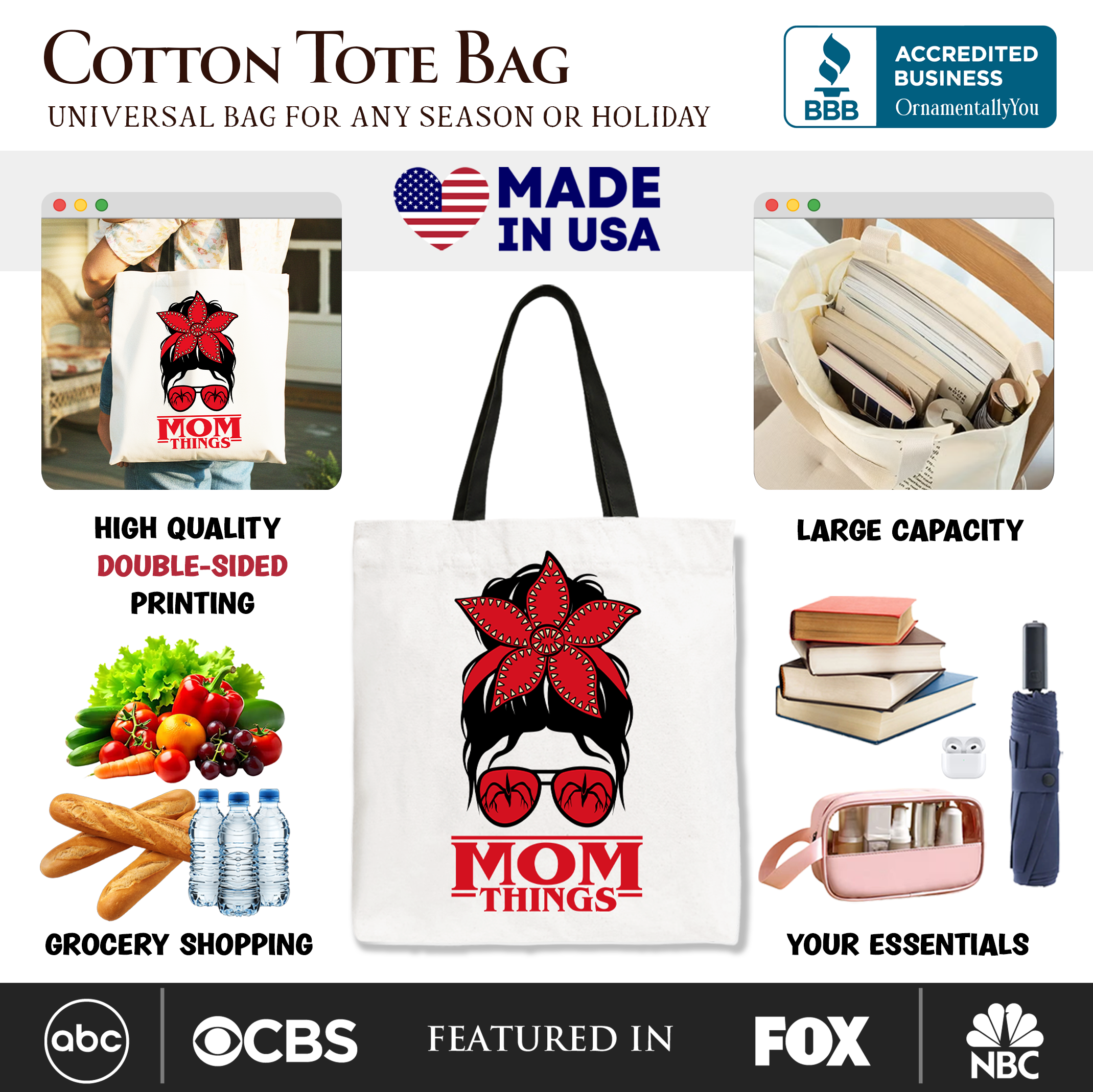 Mom Things messy bun retro canvas tote bag featuring red bandana glasses design, perfect for family matching gift or shopper use.