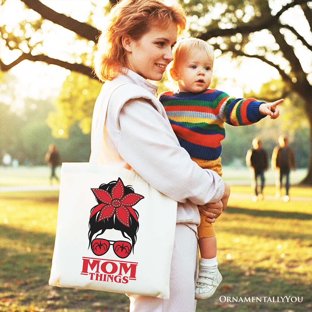 White canvas tote bag with "Mom Things" print, red bandana glasses design, perfect for family matching or casual shopping.