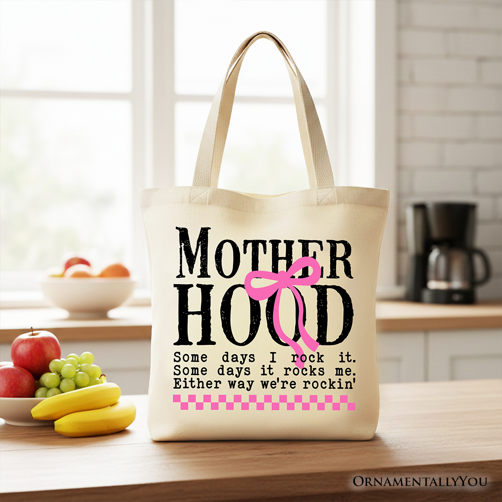 OrnamentallyYou Coquette pink bow tote bag with retro checkered pattern, stylish gift shopper for motherhood and casual outings.