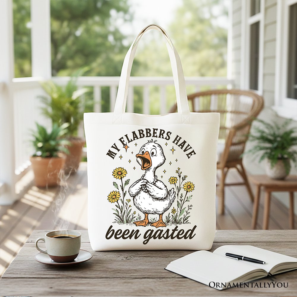 White tote bag featuring humorous "My Flabbers Have Been Gasted" goose design, by OrnamentallyYou, ideal for women’s gift shopping.